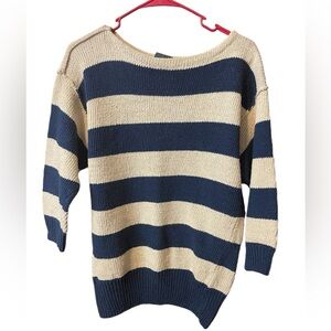 EUC blue and tan 3/4 sleeve striped knit sweater